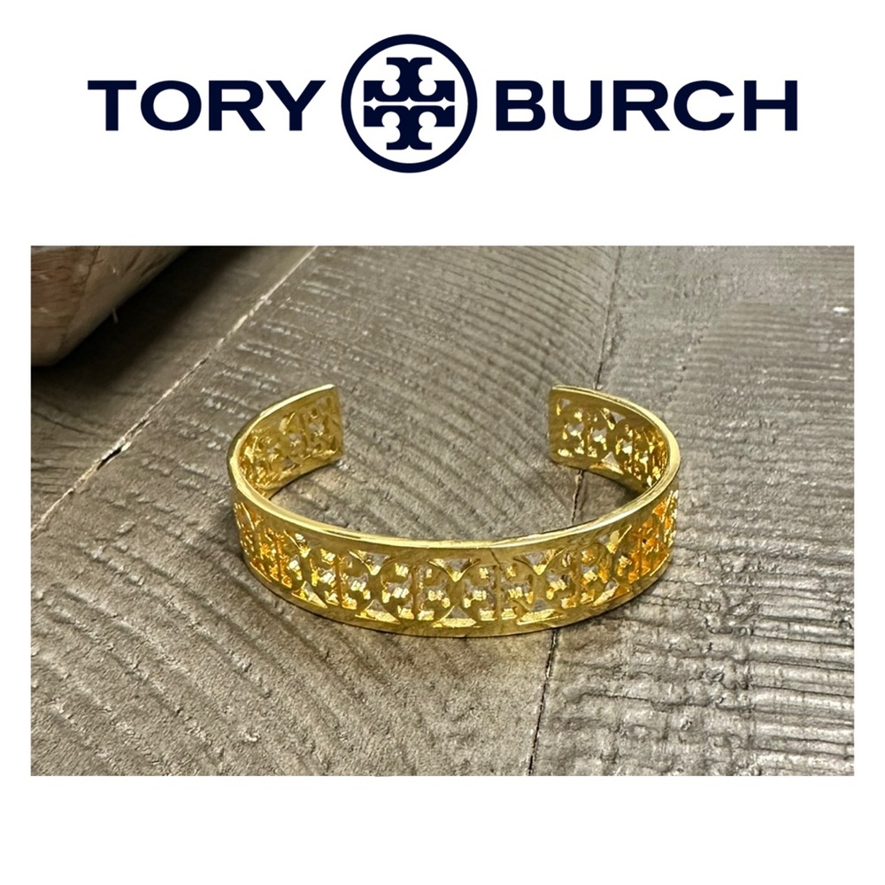 NWT Tory Burch Gold Tone Cutout Logo Cuff Bracelet - Picture 4 of 5